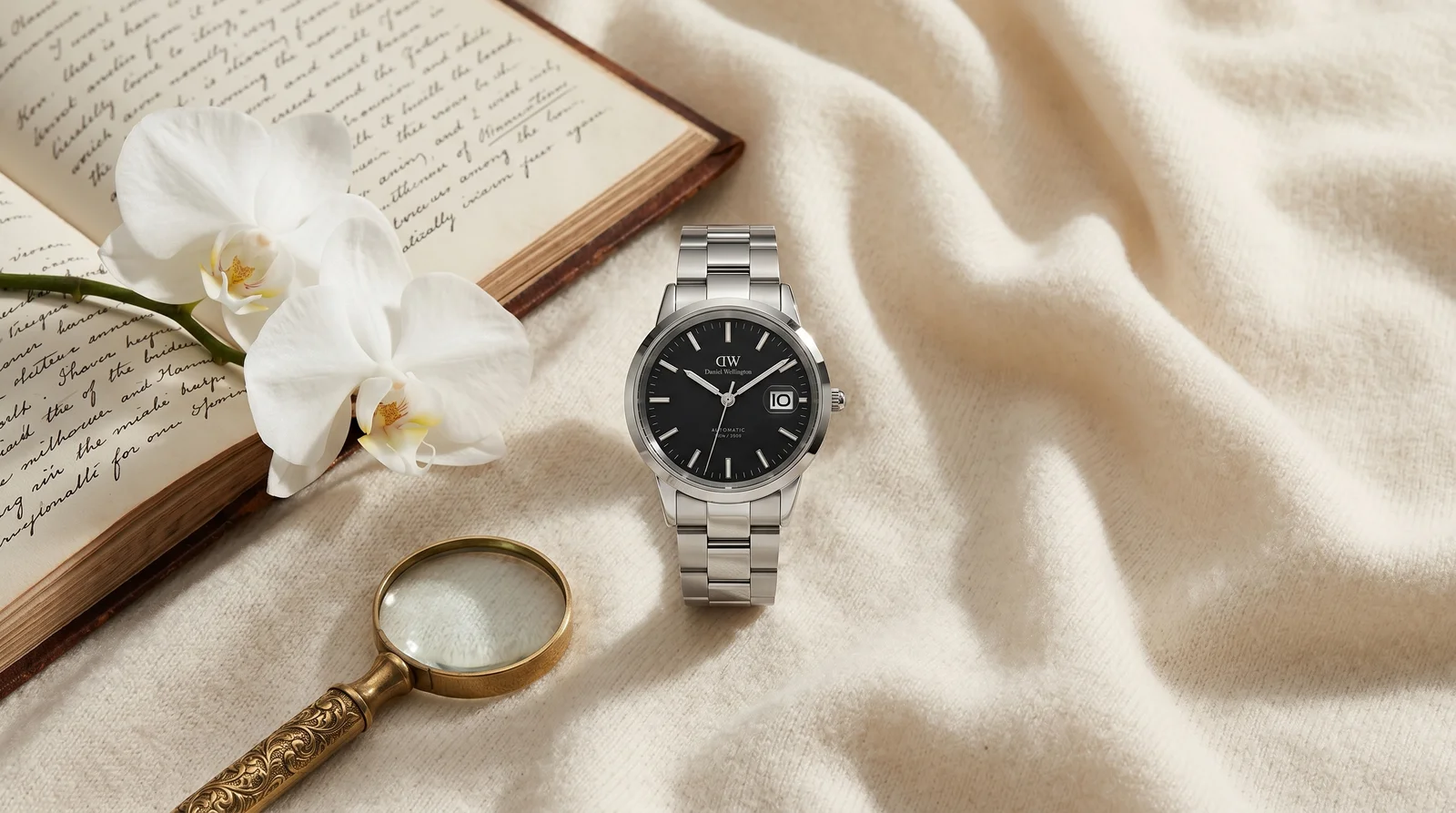 Montre Daniel Wellington Iconic Link bracelet acier sur cashmere ivoire - haute horlogerie accessible Galerie des Montres