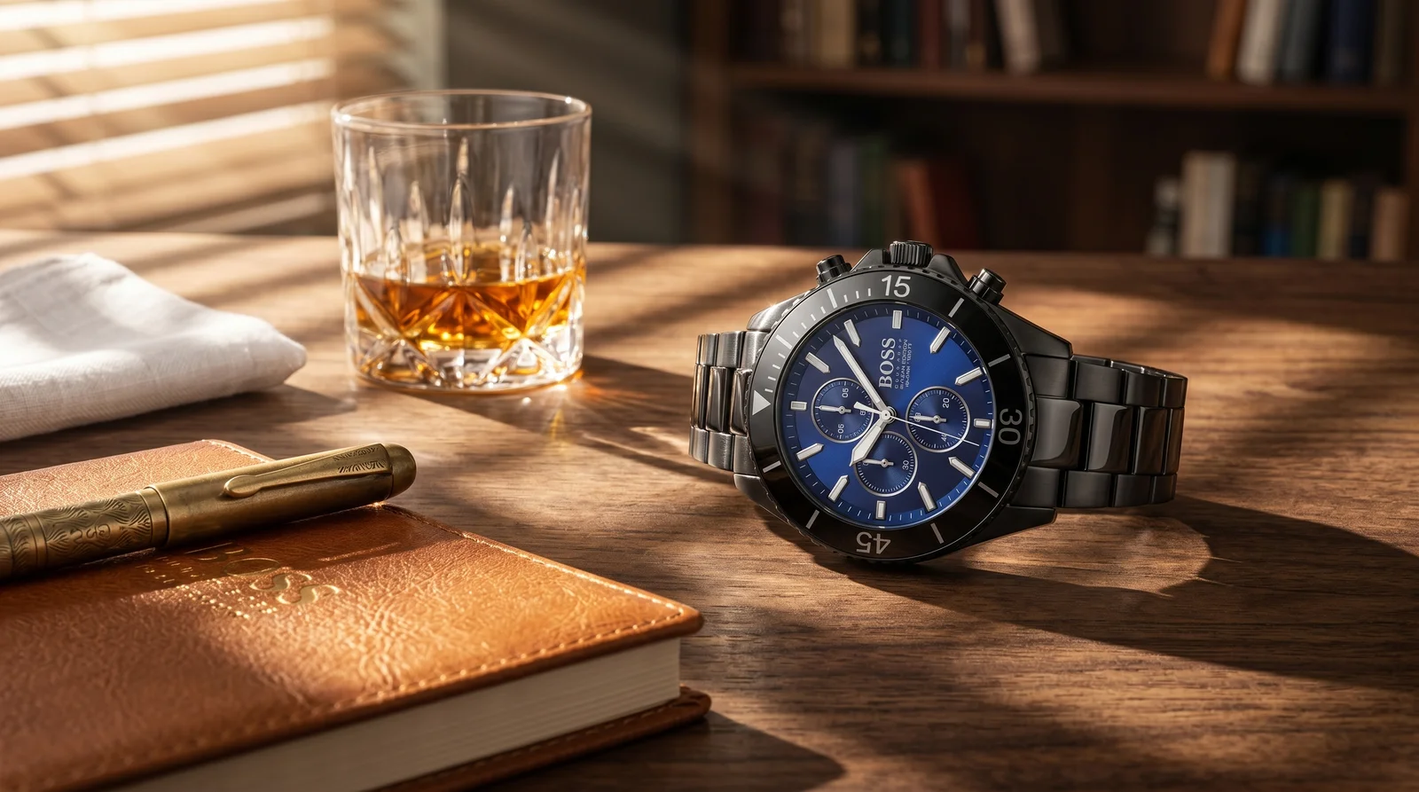 Montre homme Hugo Boss Ocean chronographe cadran bleu sur bois walnut - chronographes garde-temps Galerie des Montres
