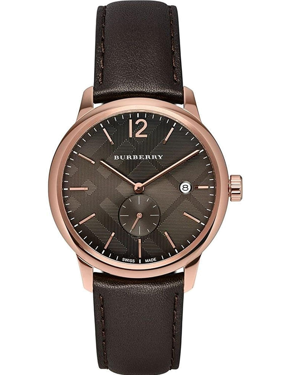 Montre Homme Burberry BU10012 Boîtier Acier Or Rose Cadran Marron Bracelet Cuir