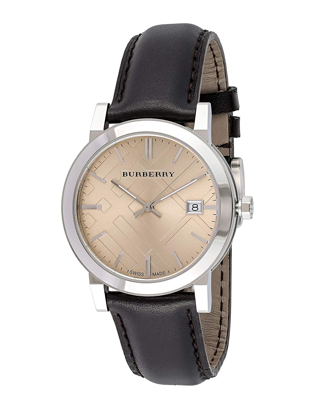 Montre Homme Burberry BU9011 Cadran Beige à Motifs Gravés et Bracelet Cuir Marron