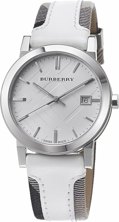 Montre Burberry BU9019 Bracelet Cuir Blanc et Cadran Argenté