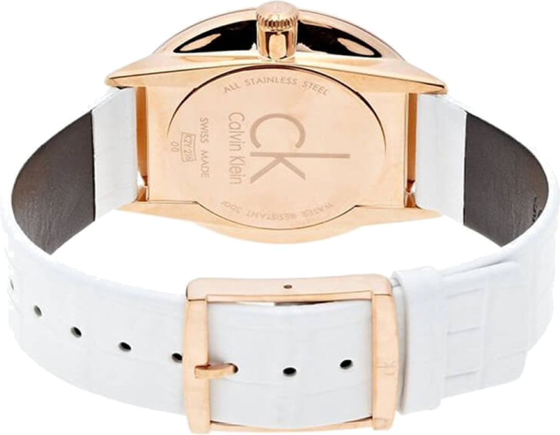 Montre Femme Calvin Klein K2Y216K6 Cadran Argent Boîtier Or Rose Bracelet Cuir Blanc vue 3