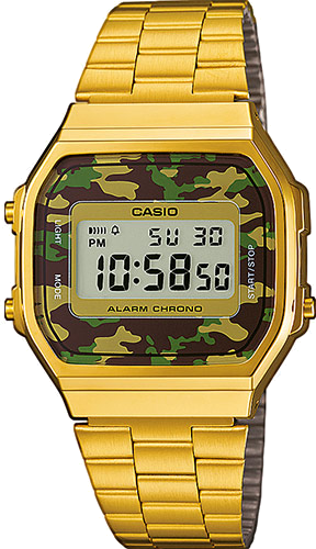 Montre Casio Vintage A168WEGC-3EF - Boîtier Or & Cadran Digital Camouflage Vert Militaire - Unisexe