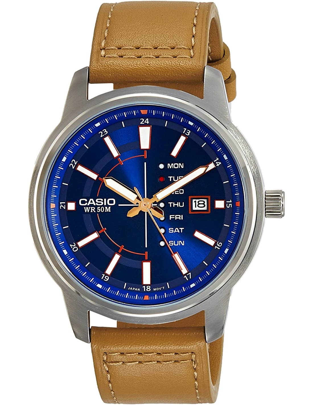 Montre Homme Casio MTP-E128L-2A2V Cadran Bleu Acier et Bracelet Cuir Brun