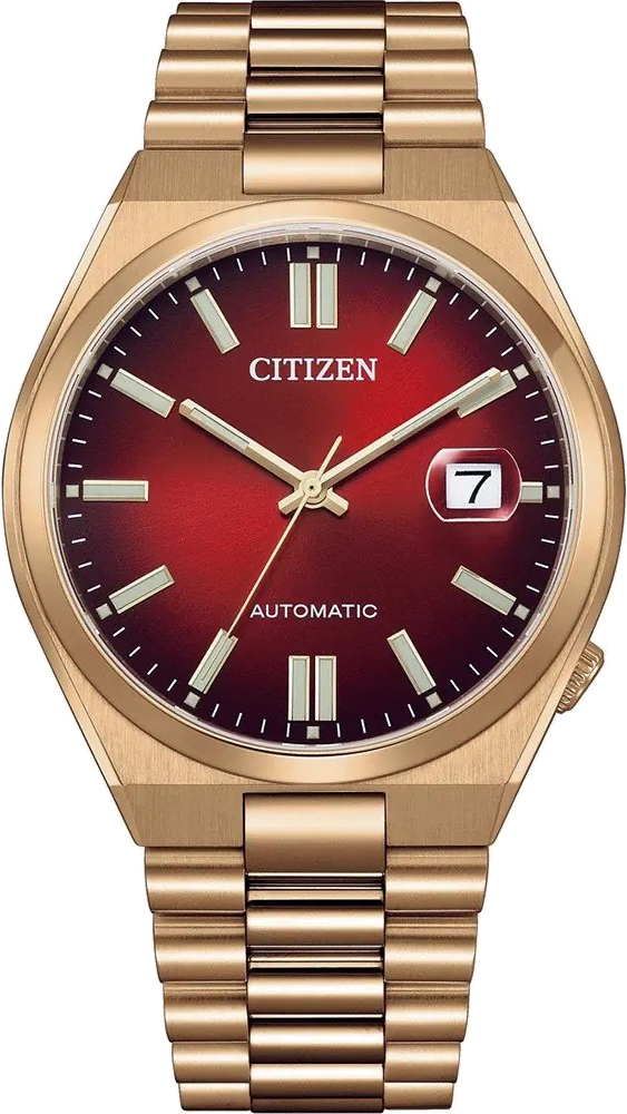 Montre Citizen Automatique NJ0153-82X - Cadran Rouge Soleillé, Boîtier et Bracelet Or Rose Acier
