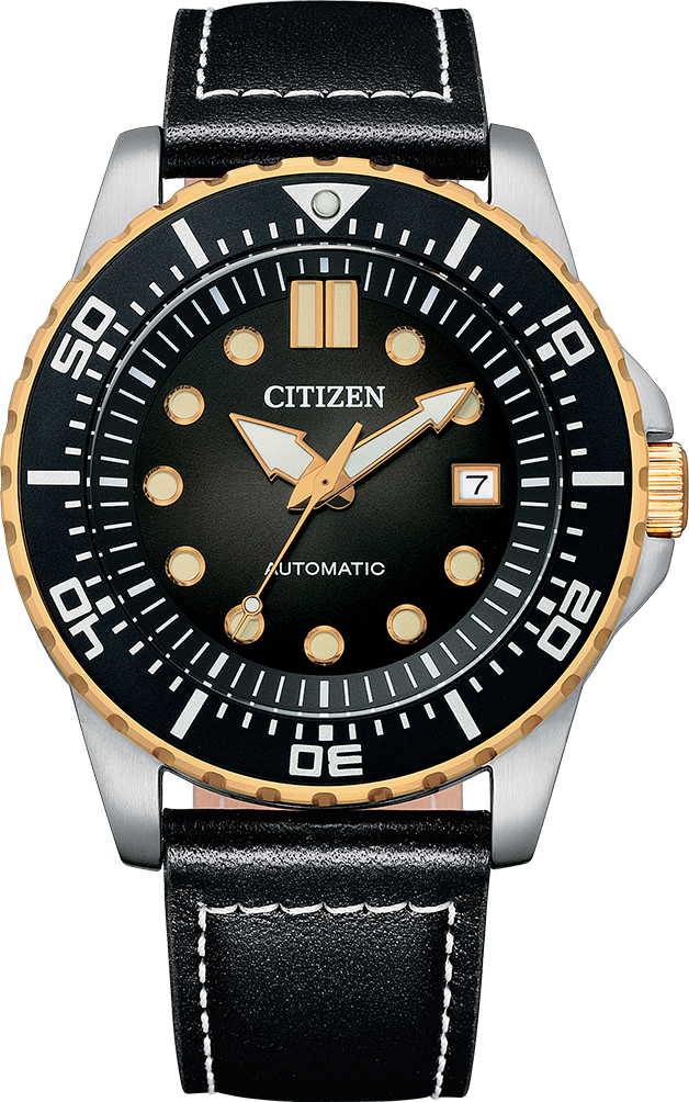 Montre Citizen NJ0176-10E Automatique Homme - Cadran Noir, Boîtier Or Rose, Bracelet Cuir