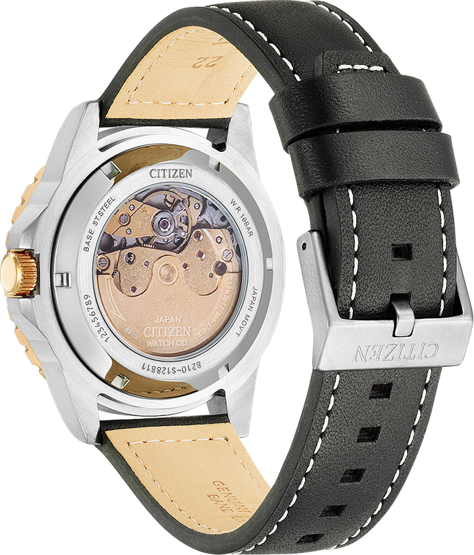 Montre Citizen NJ0176-10E Automatique Homme - Cadran Noir, Boîtier Or Rose, Bracelet Cuir vue 2