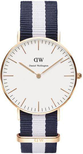 Montre Daniel Wellington Classic Glasgow DW00100031 - Cadran blanc, boîtier or rose, bracelet NATO bleu et blanc - Unisexe