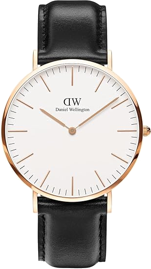 Montre Daniel Wellington Classic Sheffield DW00100036, cadran blanc 36 mm, boîtier or rose, bracelet cuir noir - Unisexe