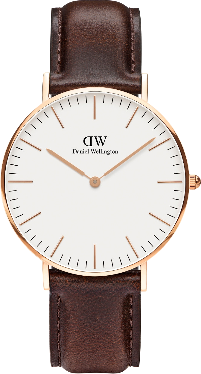 Montre Daniel Wellington Classic Bristol DW00100039, boîtier or rose 36mm, cadran blanc, bracelet cuir marron - Unisexe