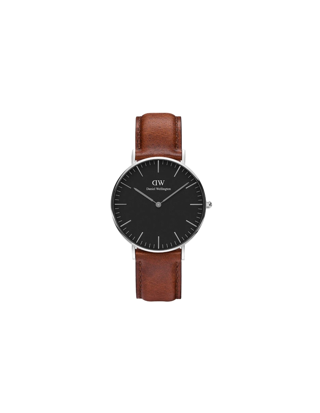 Montre Homme Daniel Wellington DW00100130 Boîtier Argent Cadran Noir Bracelet Cuir Brun 40mm