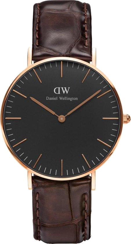 Montre Daniel Wellington Classic Black York DW00100140 - Cadran noir, boîtier or rose, bracelet cuir marron pour femme