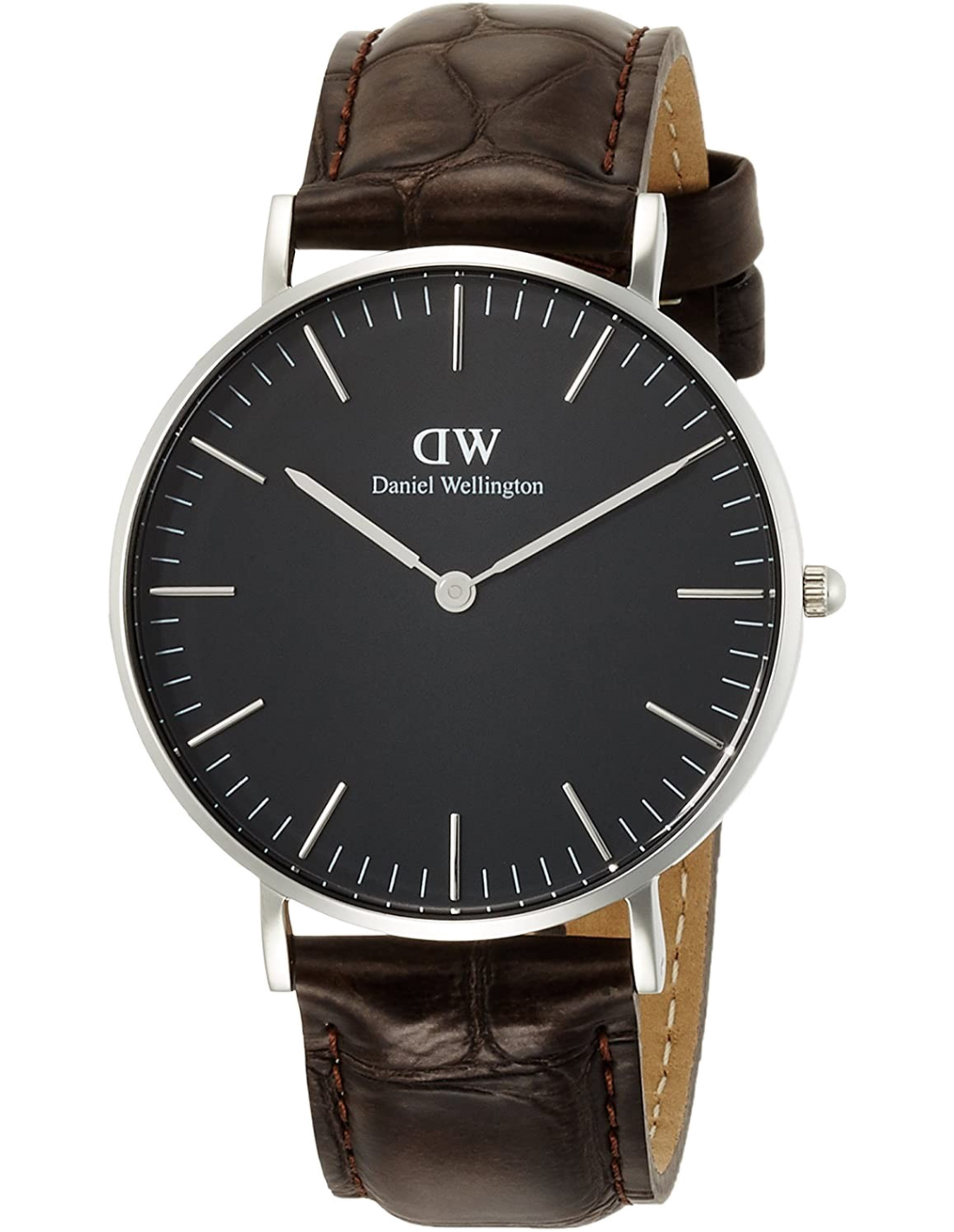 Montre Daniel Wellington DW00100146 pour Femme, Cadran Noir, Boîtier Argent, Bracelet Cuir Marron