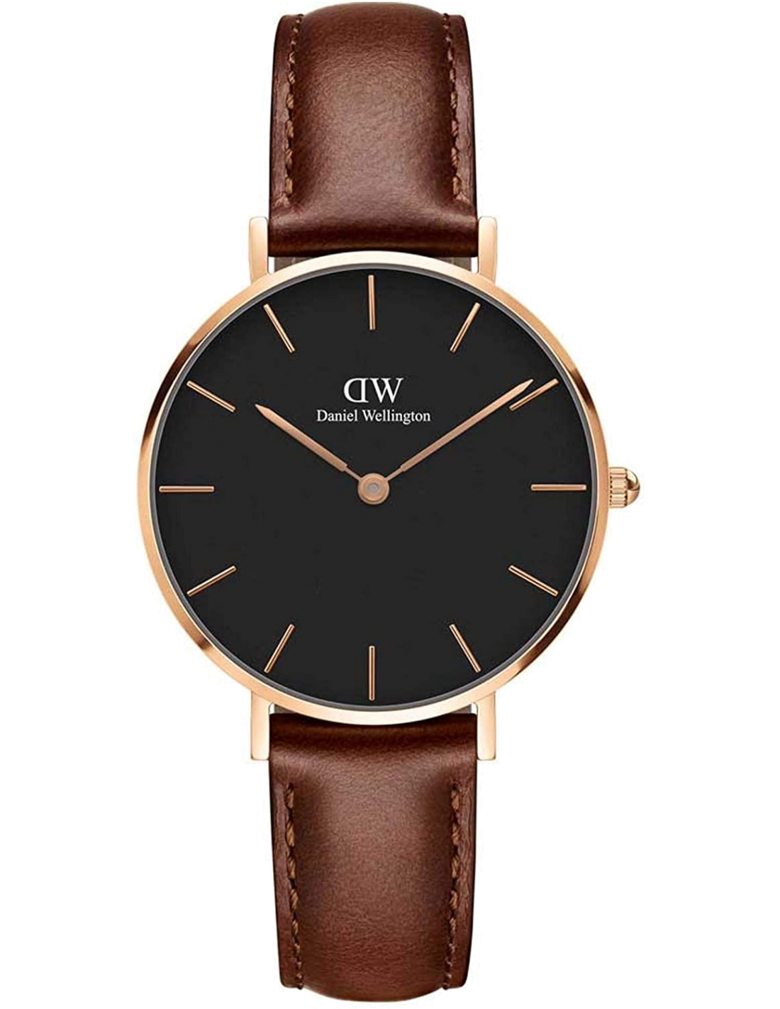 Montre Femme Daniel Wellington DW00100169 Cadran Noir Boîtier Or Rose Bracelet Cuir Marron