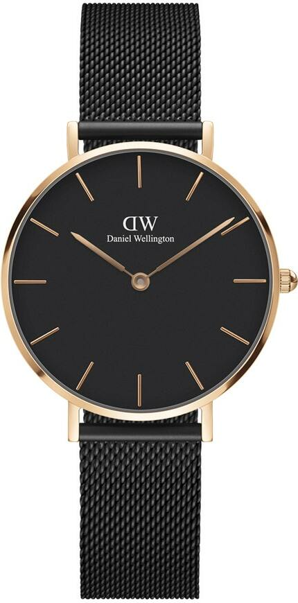 Montre Daniel Wellington DW00100201 Classic Petite Ashfield 32 mm, cadran noir, bracelet maille milanaise noir, boîtier or rose