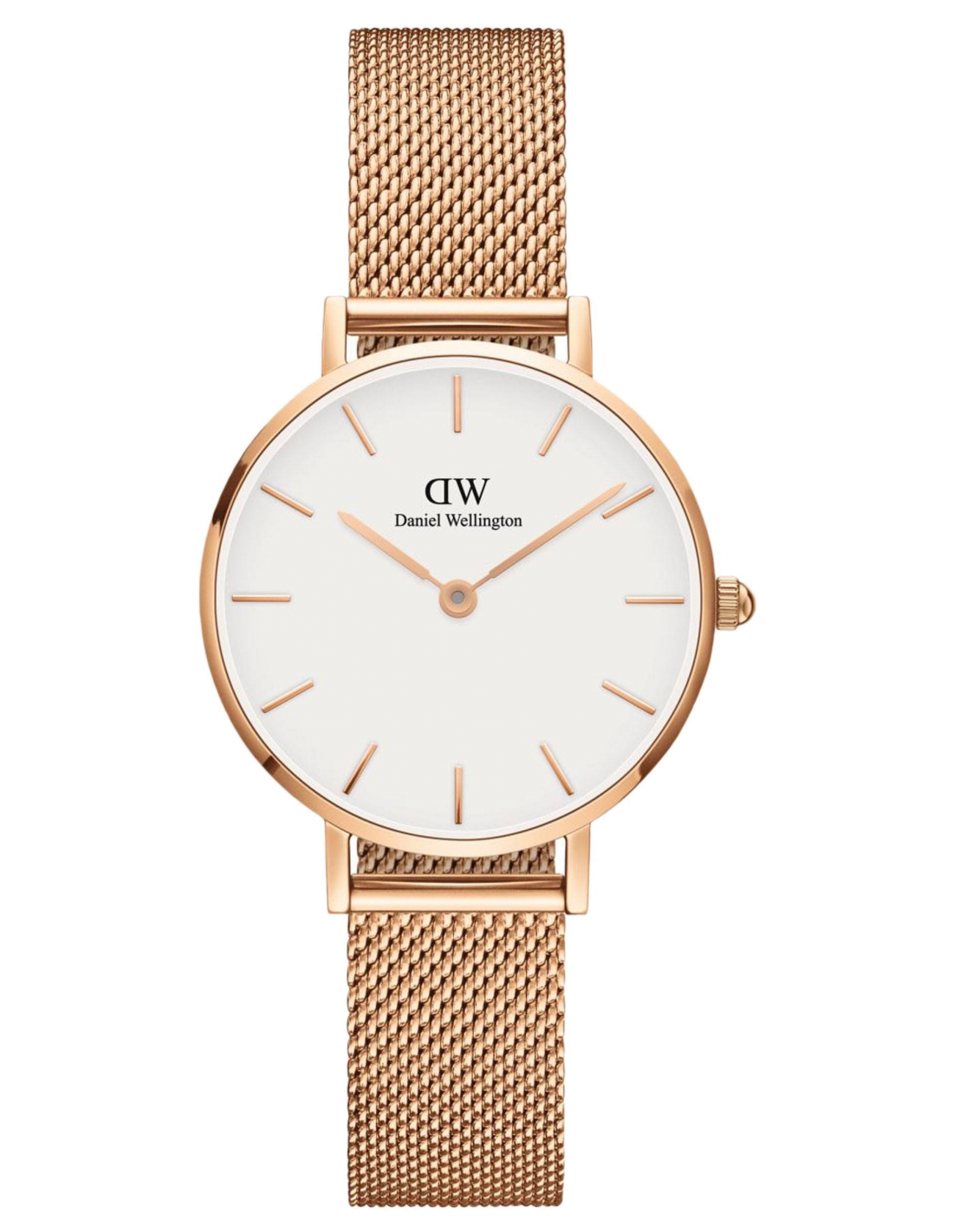 Montre Femme Daniel Wellington DW00100219 Classic Petite Melrose 28mm Cadran Blanc Bracelet Maille Milanaise Or Rose