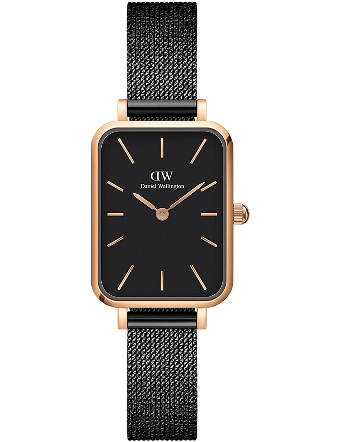 Montre Femme Daniel Wellington DW00100433 Quadro Rectangulaire Cadran Noir Bracelet Maille Milanaise Acier Or Rose