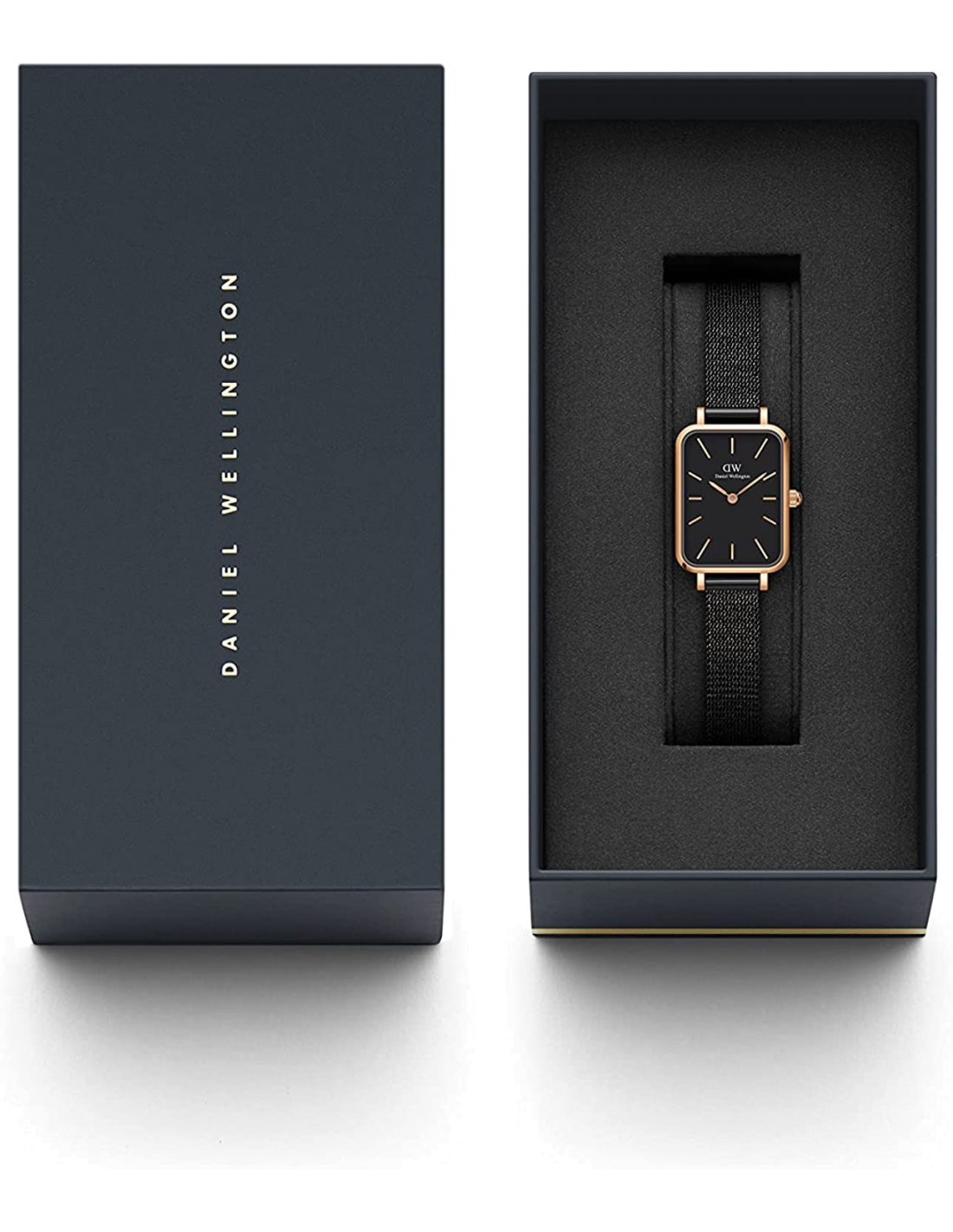 Montre Femme Daniel Wellington DW00100433 Quadro Rectangulaire Cadran Noir Bracelet Maille Milanaise Acier Or Rose vue 2