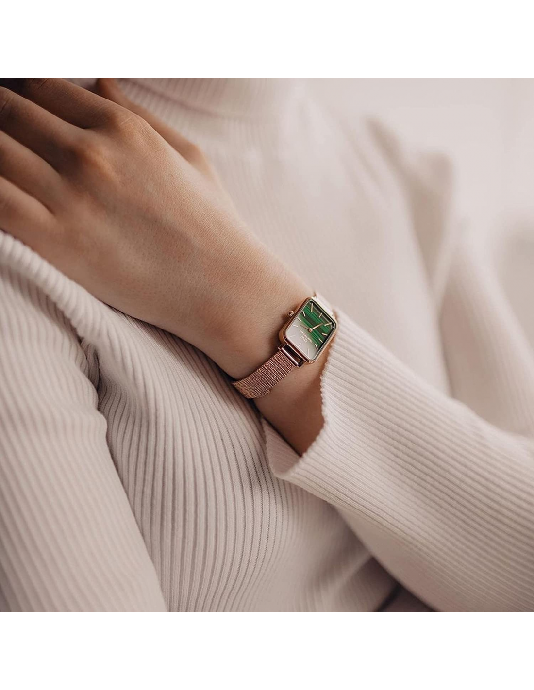 Montre Femme Daniel Wellington Quadro DW00100437 Cadran Rectangulaire Vert Bracelet Maille Or Rose vue 3