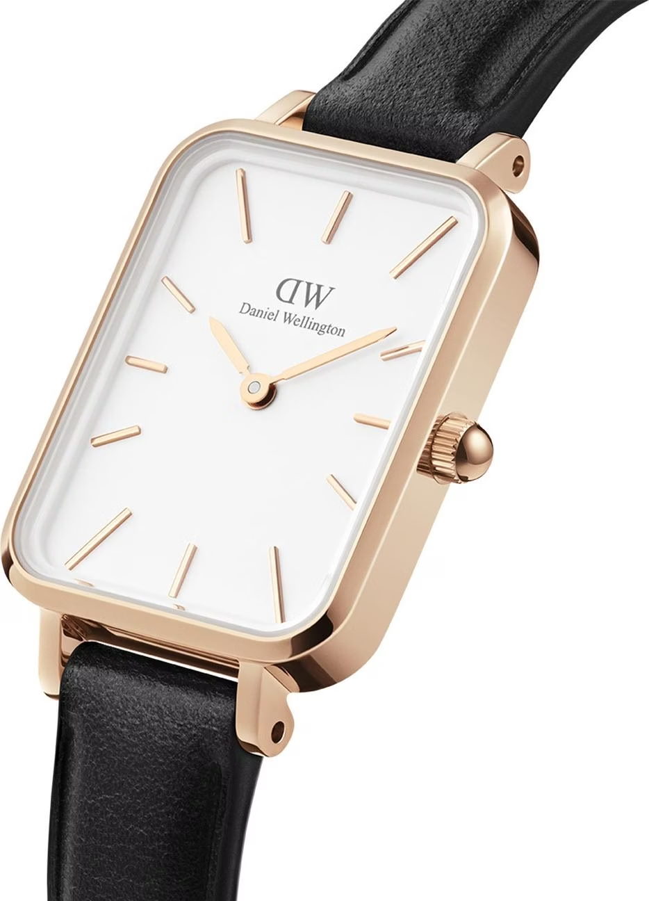 Montre Femme Daniel Wellington DW00100450 Quadro XL Cadran Blanc Rectangulaire, Boîtier Or Rose, Bracelet Cuir Noir vue 2