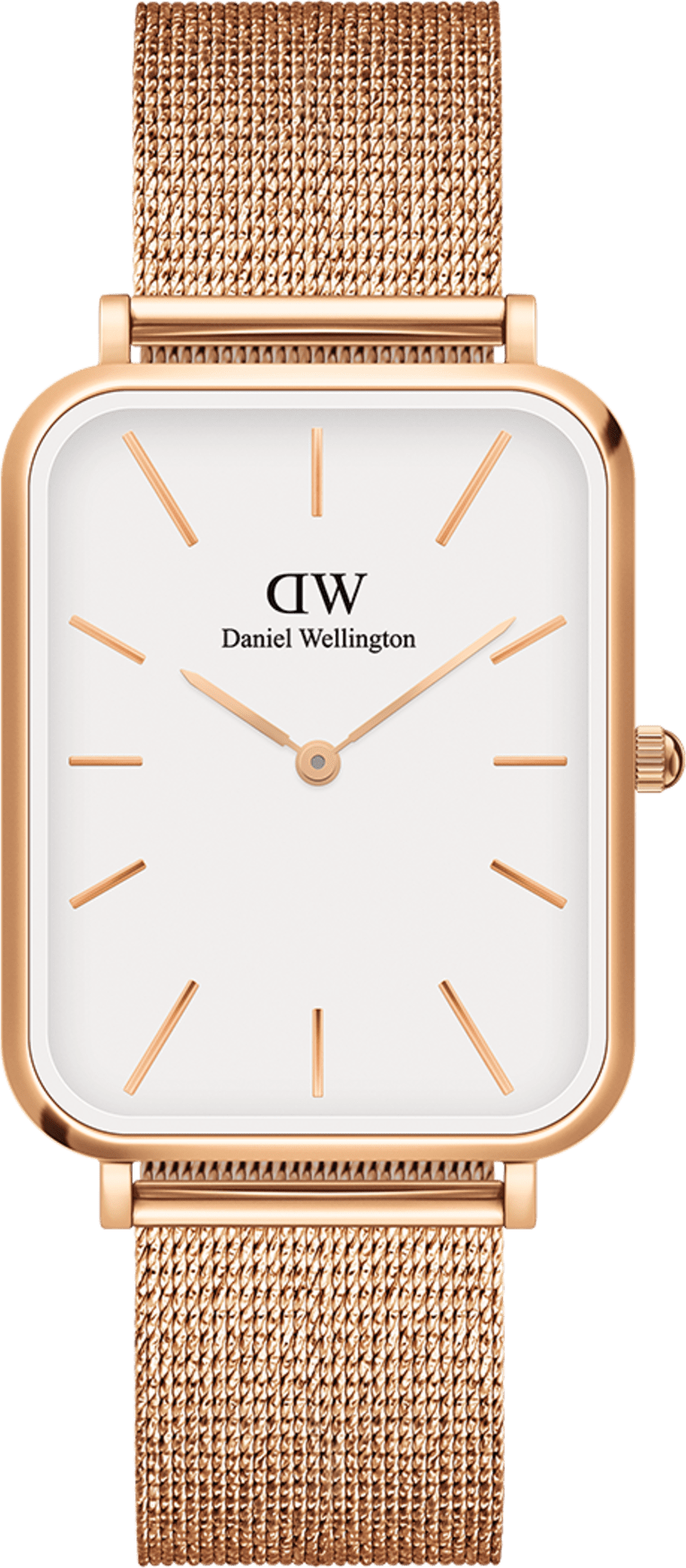 Montre Femme Daniel Wellington DW00100465 Quadro Pressed Melrose - Cadran Blanc Rectangulaire, Boîtier et Bracelet Maille Milanaise Or Rose