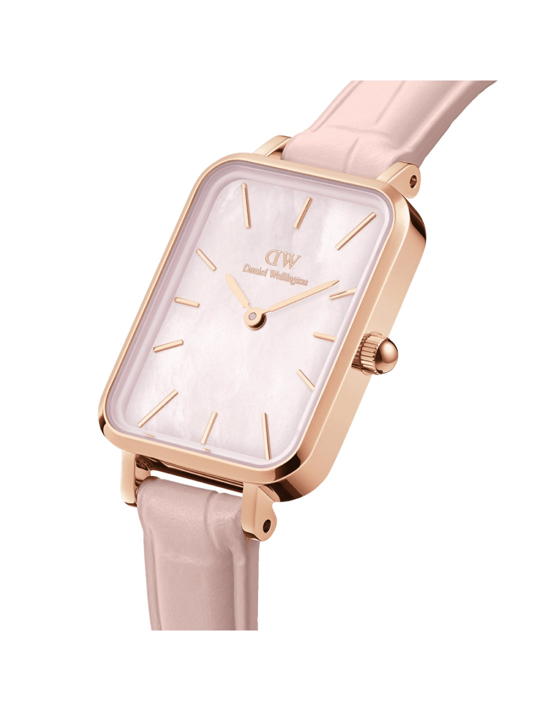 Montre Femme Daniel Wellington Quadro Pressed DW00100508 - Boîtier rectangulaire or rose, cadran nacre, bracelet maille milanaise rose vue 2