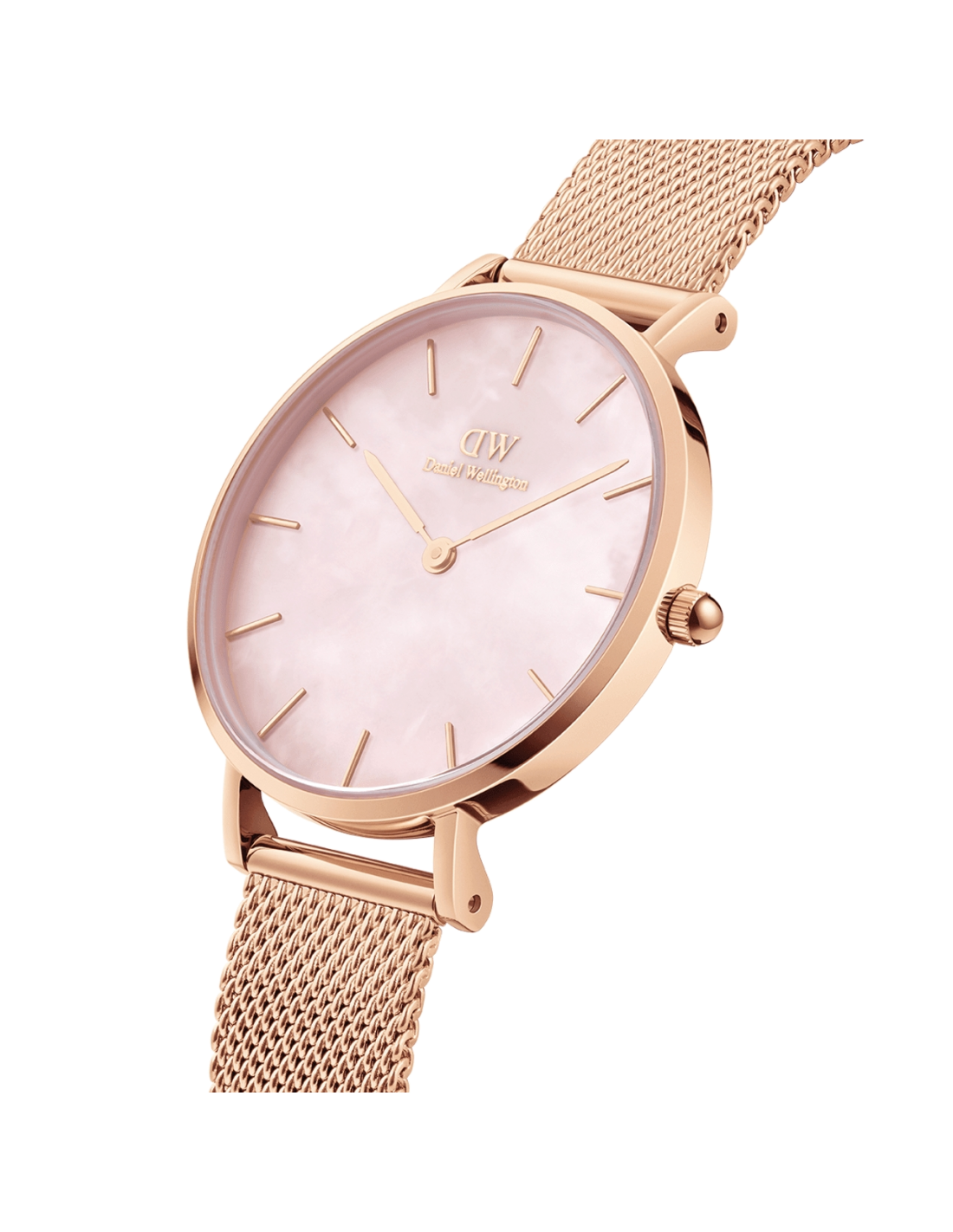 Montre Femme Daniel Wellington Petite Melrose Pearl DW00100513 - Cadran Nacré Rose 28mm, Bracelet Maille Milanaise Or Rose vue 2
