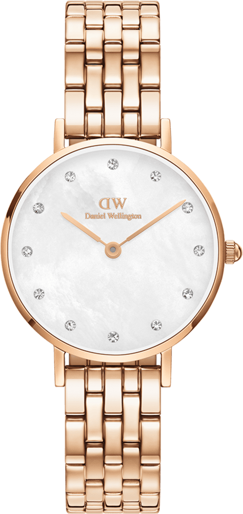 Montre Femme Daniel Wellington Petite Lumine 5-Link Melrose DW00100613, Cadran Blanc Nacré, Bracelet Acier Or Rose