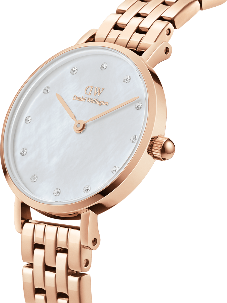 Montre Femme Daniel Wellington Petite Lumine 5-Link Melrose DW00100613, Cadran Blanc Nacré, Bracelet Acier Or Rose vue 2