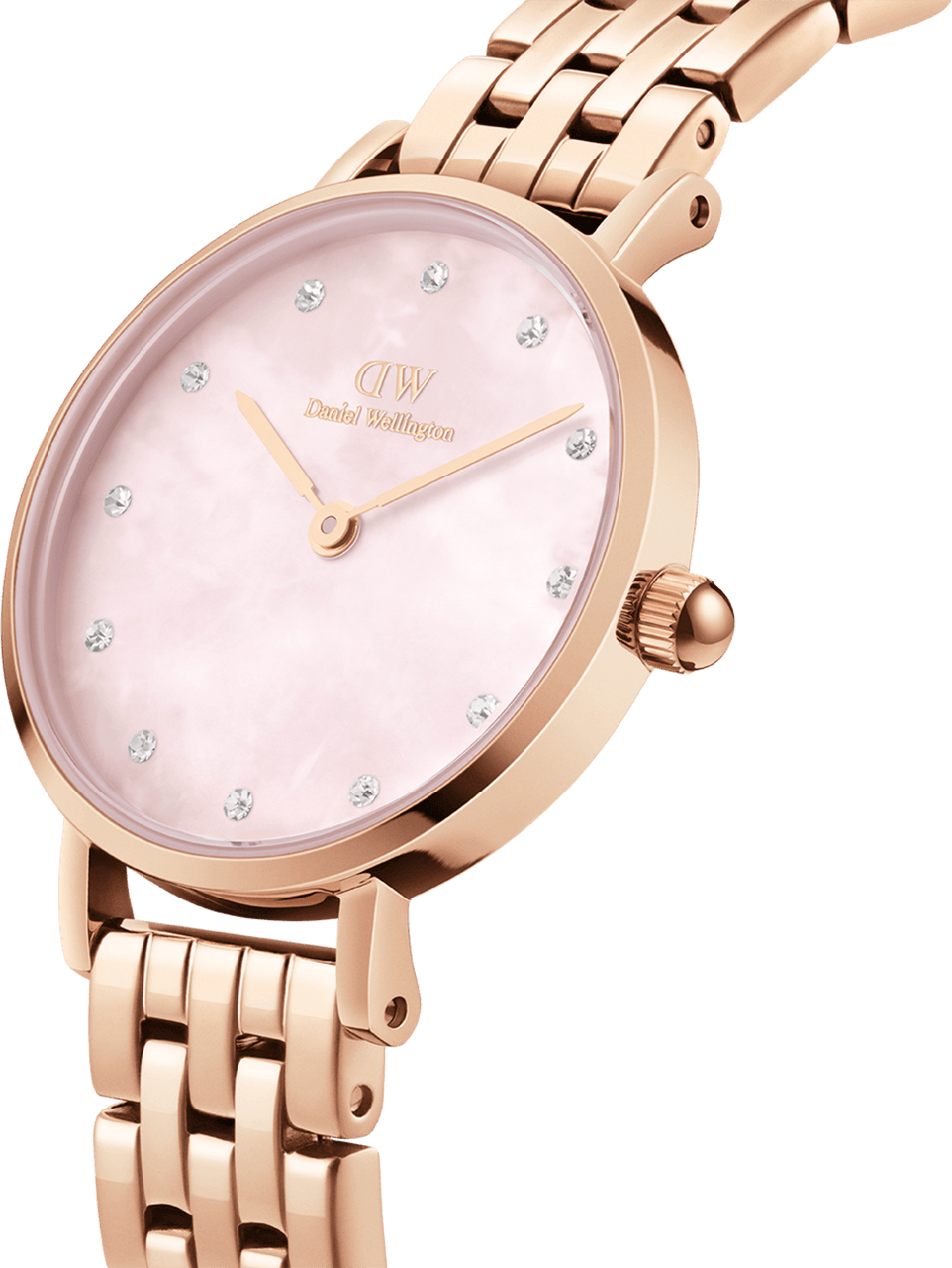 Montre Femme Daniel Wellington Petite Lumine 5-Link Melrose DW00100617, Cadran Rose Nacré, Bracelet Or Rose vue 2