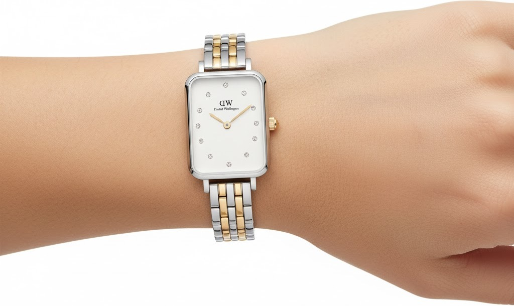 Montre Femme Daniel Wellington DW00100625 Quadro Lumine - Cadran Blanc Rectangulaire, Bracelet Acier Bicolore Argent/Or vue 4