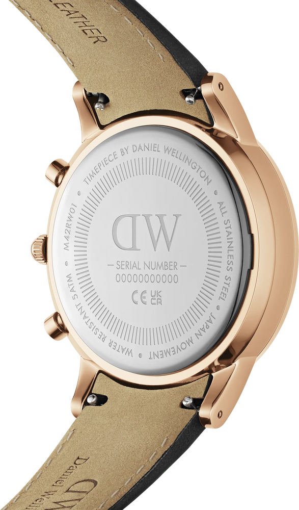 Montre Homme Daniel Wellington DW00100646 Chronographe Cadran Blanc Boîtier Or Rose Bracelet Cuir Noir vue 3