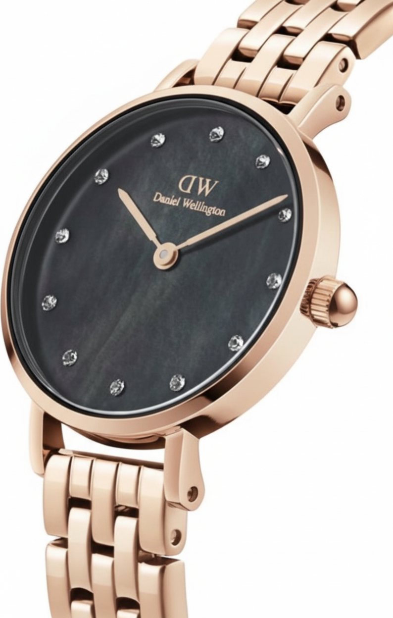 Montre Femme Daniel Wellington Petite Lumine DW00100660, Cadran Noir Nacre, Bracelet Acier Or Rose 5-Link Melrose vue 2