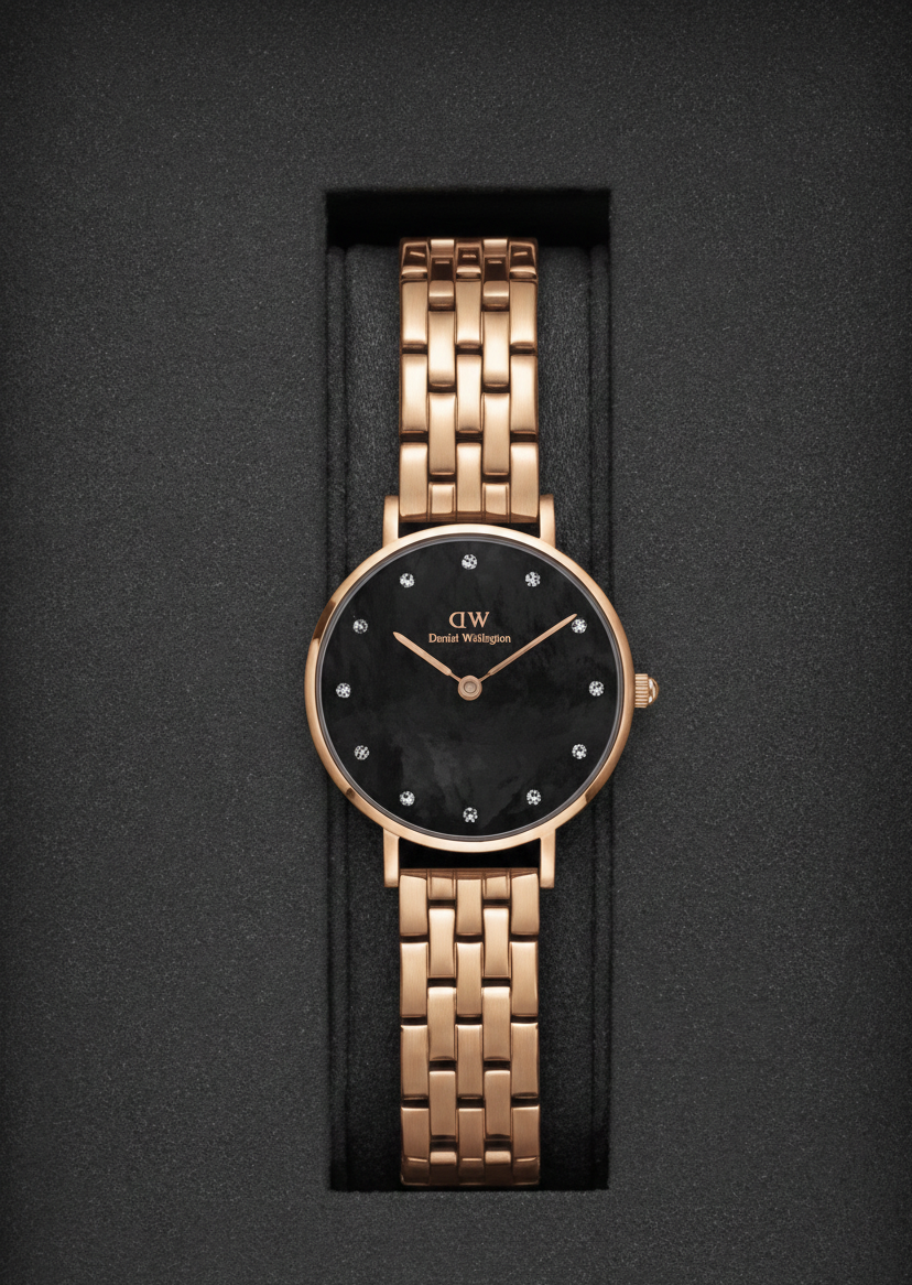 Montre Femme Daniel Wellington Petite Lumine DW00100660, Cadran Noir Nacre, Bracelet Acier Or Rose 5-Link Melrose vue 3