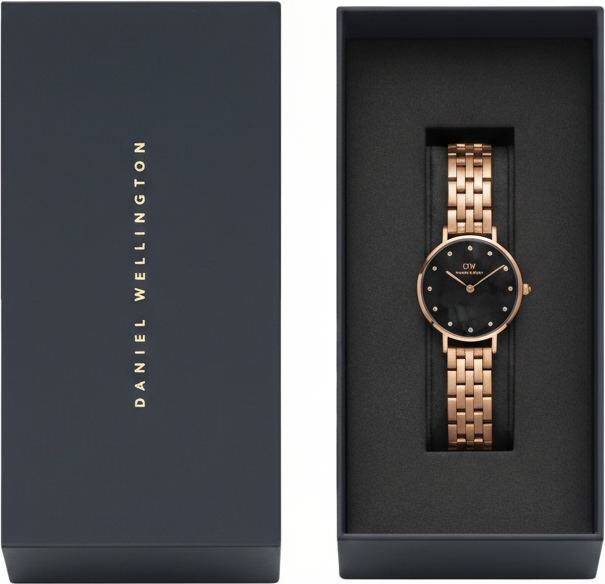 Montre Femme Daniel Wellington Petite Lumine DW00100660, Cadran Noir Nacre, Bracelet Acier Or Rose 5-Link Melrose vue 4