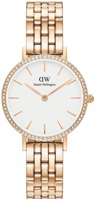 Montre Femme Daniel Wellington Petite Lumine Bezel 5-Link Melrose DW00100666 - Cadran Blanc, Bracelet Or Rose