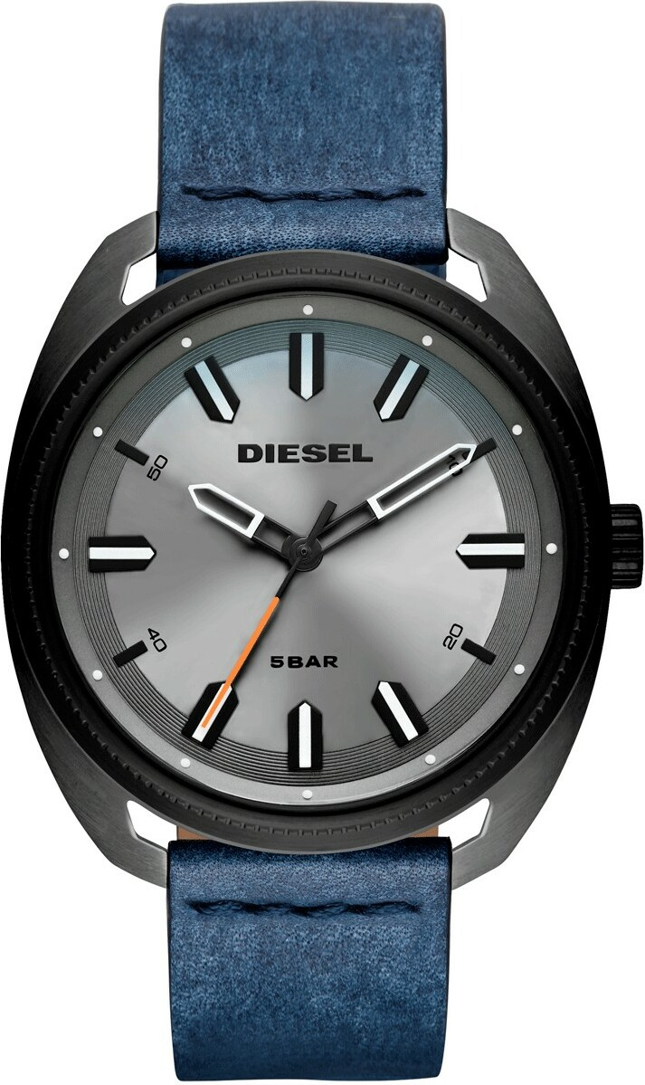 Montre Diesel DZ1838 Fastbak Homme - Boîtier Acier Noir, Cadran Argent, Bracelet Cuir Bleu