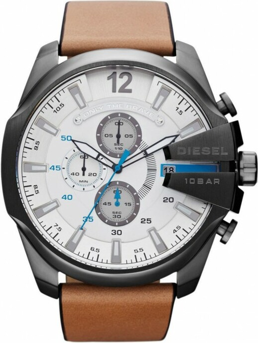 Montre Diesel Mega Chief DZ4280 pour Homme - Boîtier Noir, Cadran Blanc, Bracelet Cuir Marron vue 3