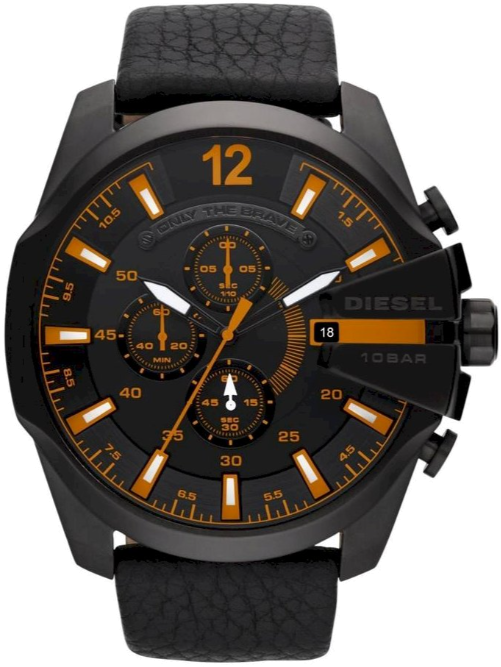 Montre Diesel Mega Chief DZ4291 pour Homme - Cadran Noir, Accents Orange, Bracelet Cuir