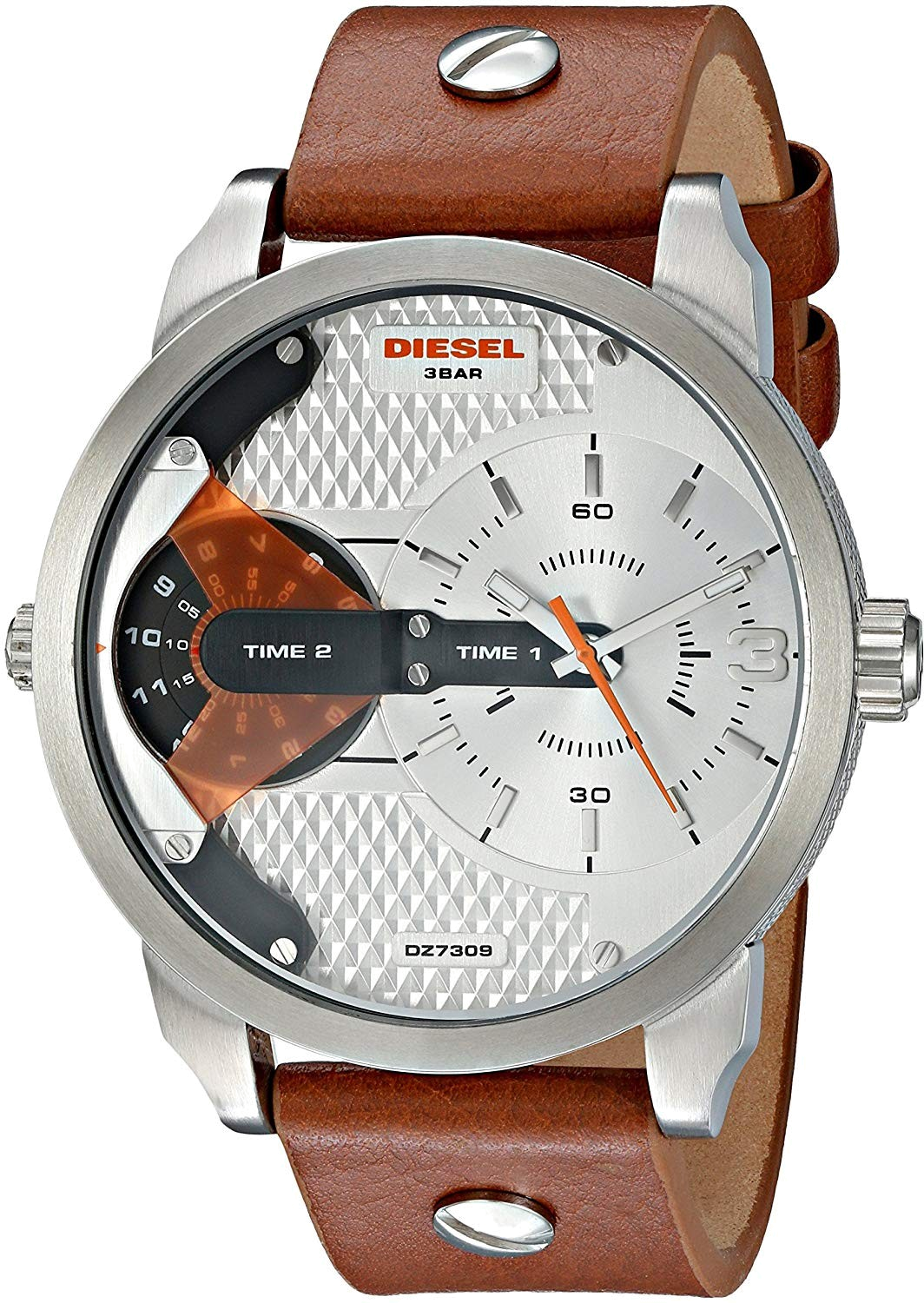 Montre Diesel DZ7309 Homme, Cadran Argent Multi-Affichage, Bracelet Cuir Marron