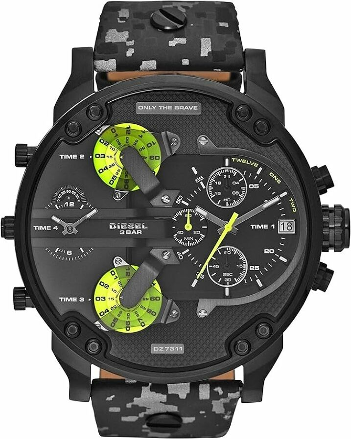 Montre Diesel Mr Daddy 2.0 DZ7311 pour Homme, Cadran 57mm Noir, Bracelet Cuir Camouflage Noir et Gris