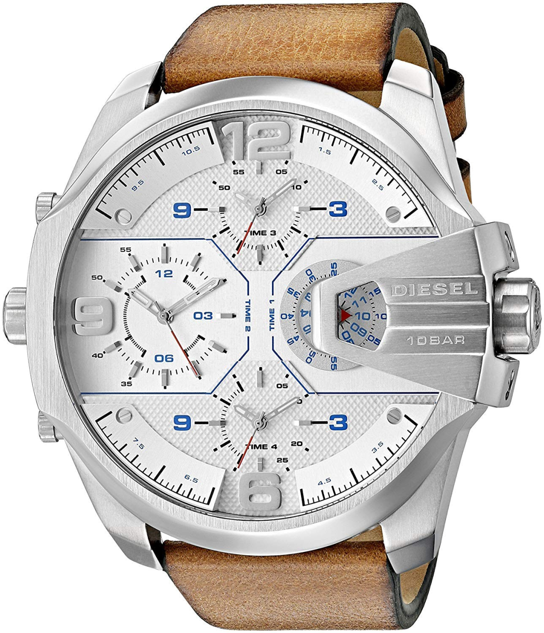 Montre Diesel Uber Chief DZ7374 pour Homme - Cadran Blanc, Boîtier Noir, Bracelet Cuir Marron