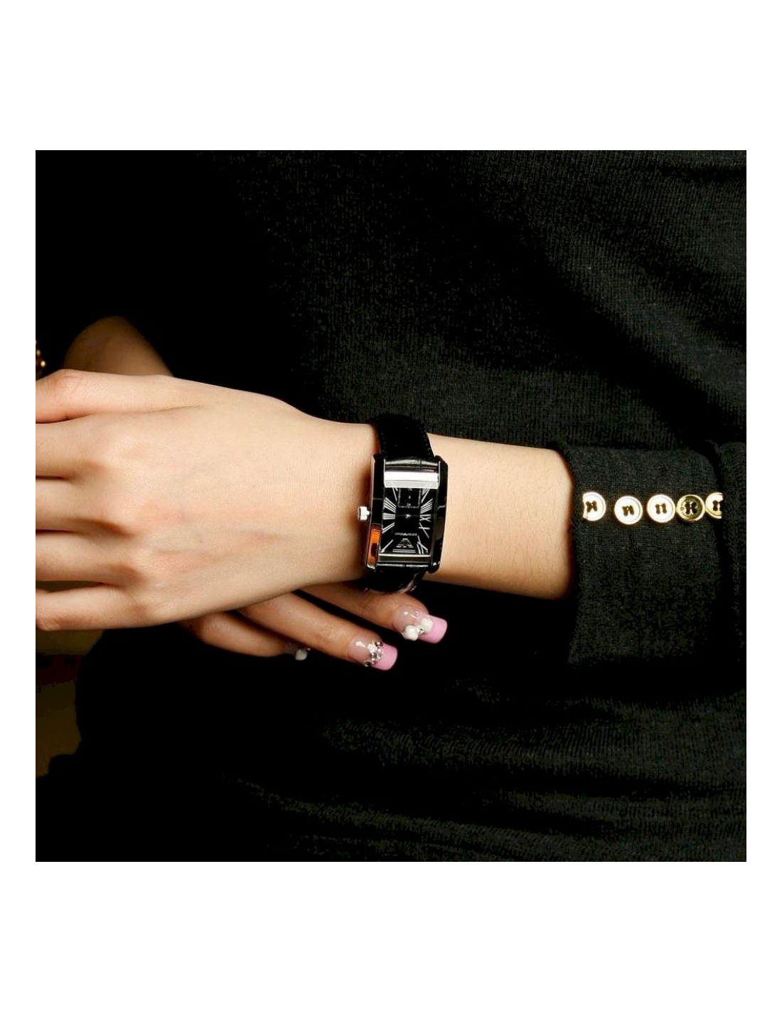 Montre Femme Emporio Armani AR0144 - Boîtier Rectangulaire Argent, Cadran et Bracelet Cuir Noir vue 3