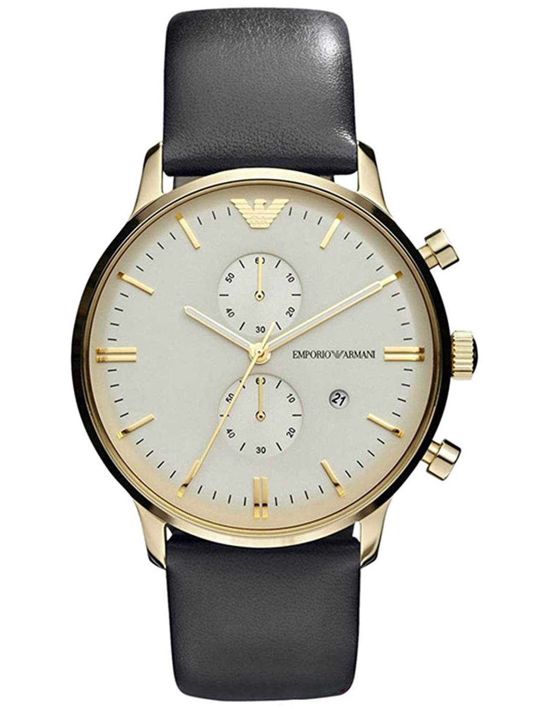 Montre Homme Emporio Armani AR0386 Chronomètre à 2 Compteurs - Cadran Doré, Bracelet Cuir Noir