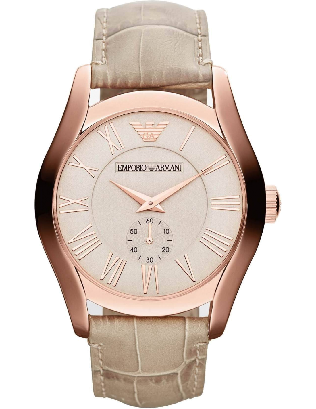 Montre Homme Emporio Armani AR1667 Cadran Beige, Boîtier Acier Or Rose et Bracelet Cuir Marron