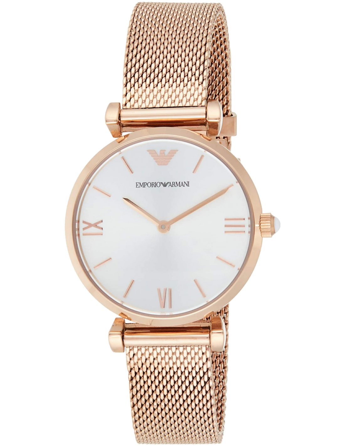 Montre Emporio Armani AR1956 Femme - Cadran Argent, Boîtier et Bracelet Maille Milanaise en Acier Or Rose