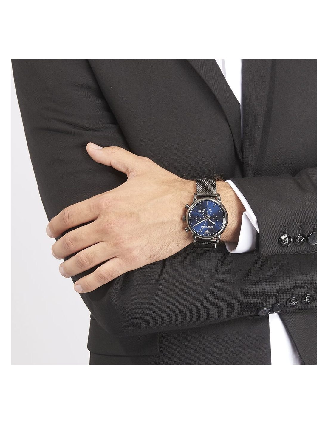 Montre Homme Emporio Armani Luigi AR1979 Cadran Bleu Boîtier Gris Maille Milanaise vue 4