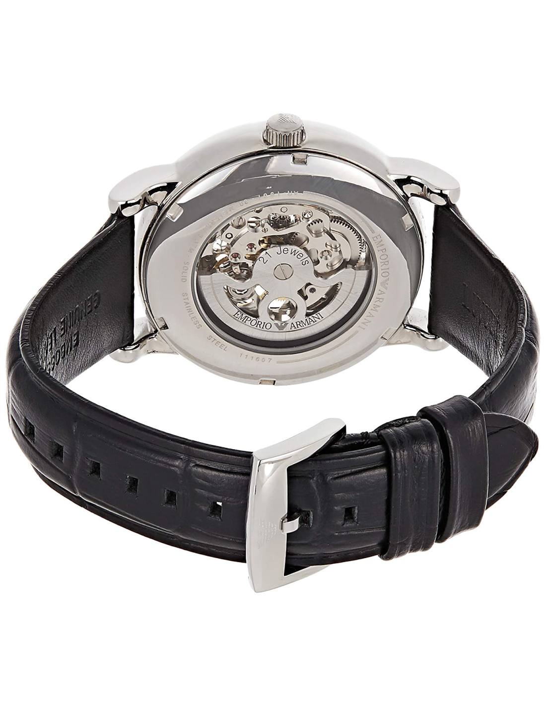 Montre Homme Emporio Armani AR1981 Squelette Automatique Acier Argent & Cuir Noir vue 3