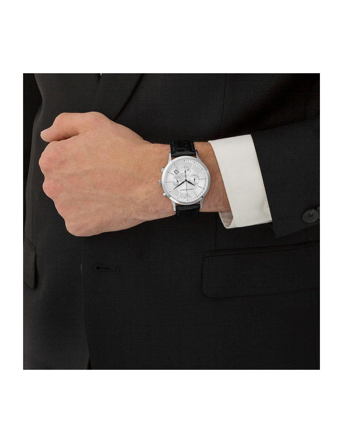 Montre Homme Emporio Armani AR2432 Chronographe Cadran Argent Bracelet Cuir Noir vue 3