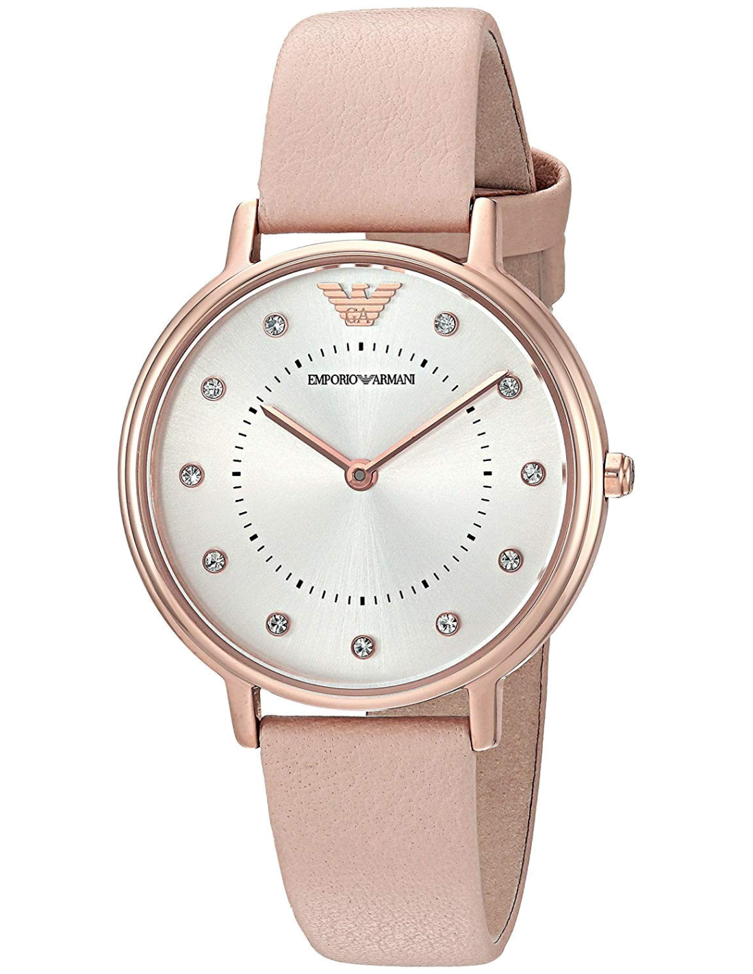 Montre Femme Emporio Armani AR2510 Boîtier Or Rose Cadran Argent Bracelet Cuir Nude